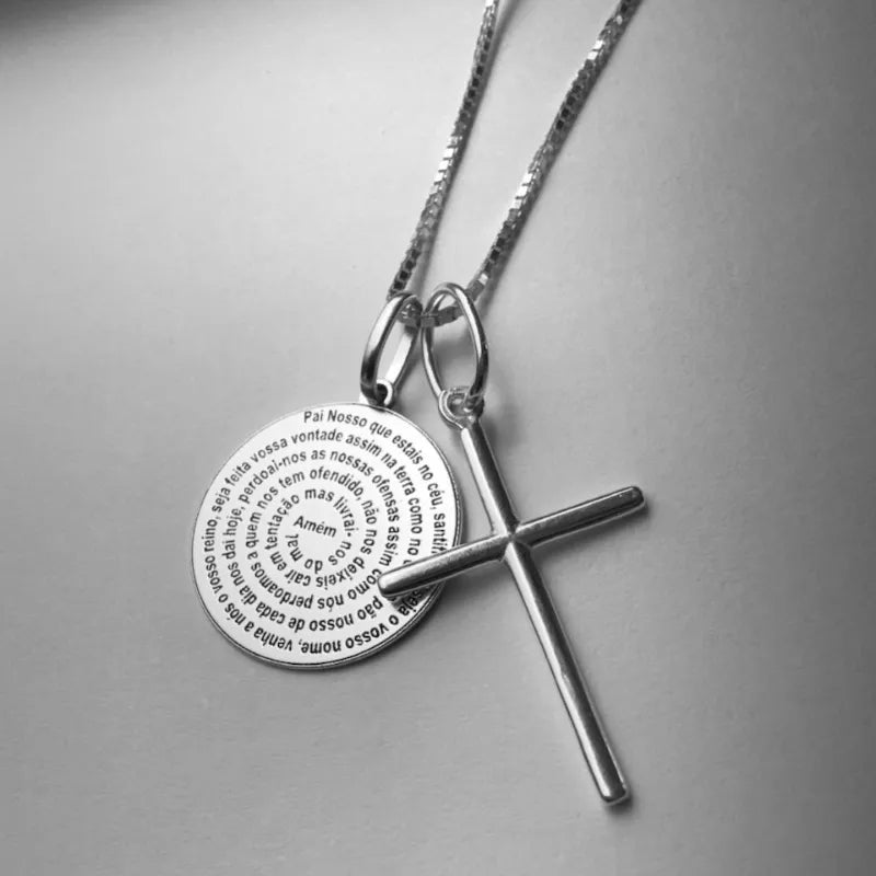 Colar Pater Noster em Prata 925 – Medalha Pai Nosso e Crucifixo