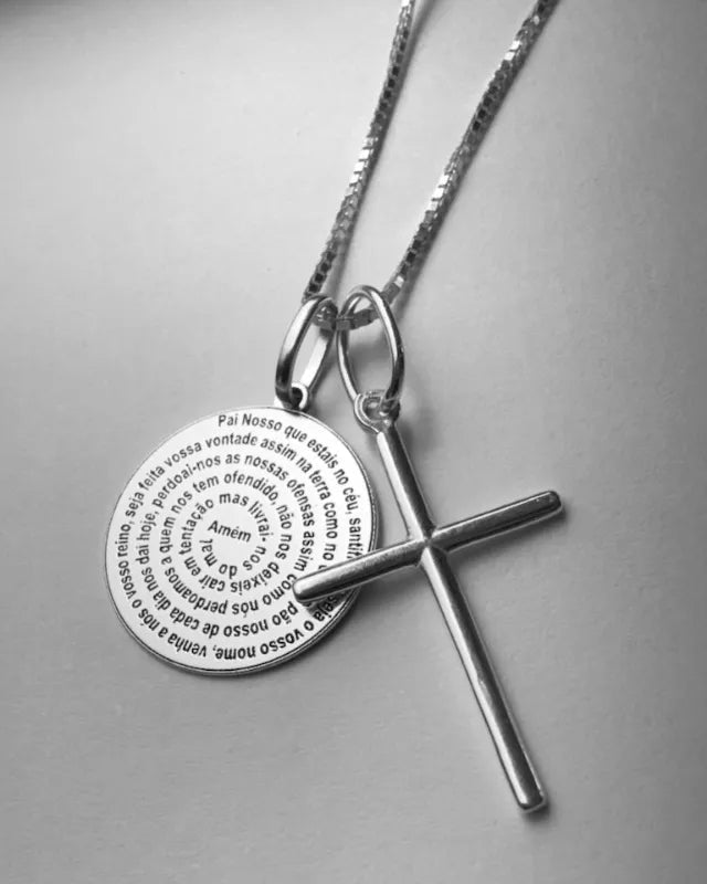 Colar Pater Noster em Prata 925 – Medalha Pai Nosso e Crucifixo